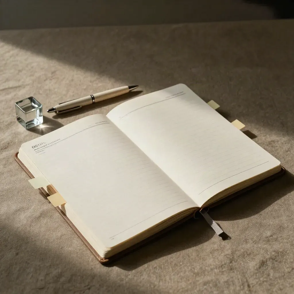 Top-down planner met tabs, pen en paperweight op neutrale ondergrond in cinematisch licht