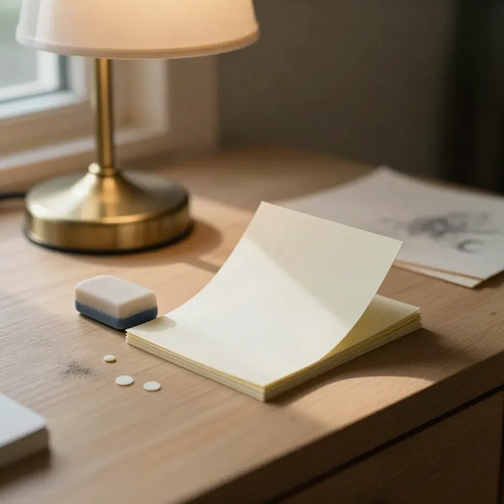 Eraser, notitieblok, plakdots en bureaulamp op een lichte eiken tafel in zacht avondlicht