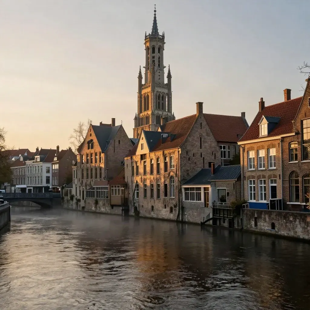 Domtoren boven rustige Utrechtse grachten in warme zonsondergang, met kalme ruimte voor tekst.