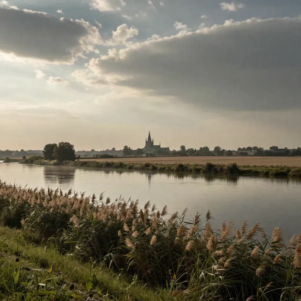 Den Bosch met kathedraalsilhouet hoog boven rustige rivierlandschappen en warme lichtstralen.